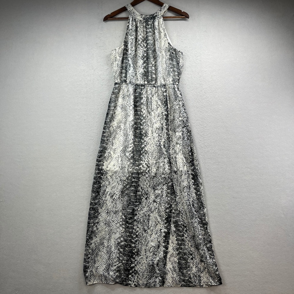 Banana Republic Maxi Dress Womens 10 Black White Snake Print Halter Chic Evening